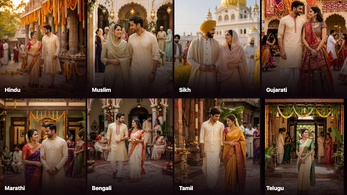 The eight communities Shaadi Nest serves: Hindu, Muslim, Sikh, Gujarati, Marathi, Bengali, Tamil and Telugu